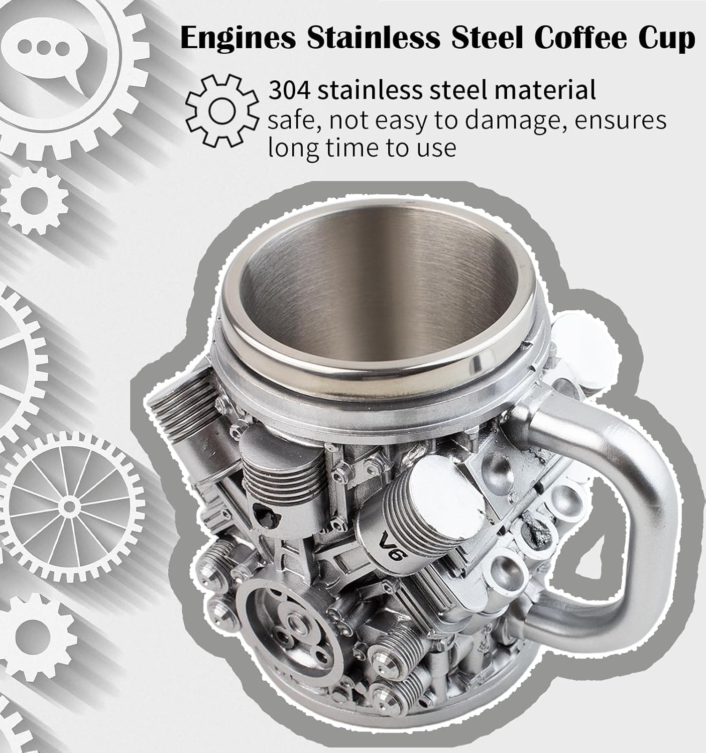 OOXYG V6 Engines Stainless Steel Coffee Cup, 14 OZ Coffee Mug With Handle, Car V6 Engine Design Coffee Cup, Unique Heavy-duty Metal Cup Gift for Car Enthusiasts